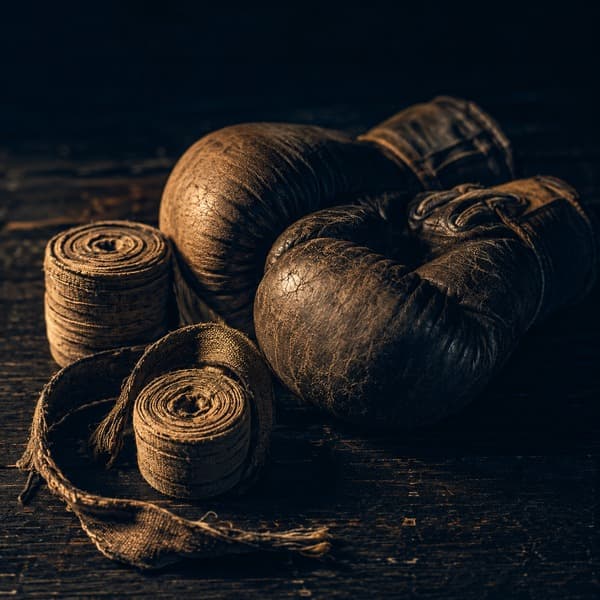 Worn traditional Muay Thai gloves and hand wraps on dark wood